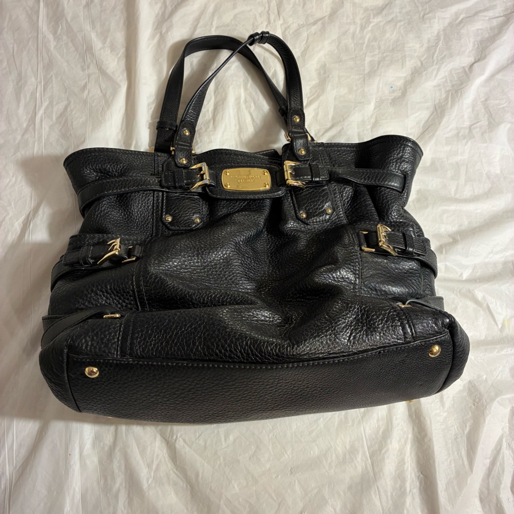 Black and Gold Structured Shoulder Bag with Leather Handles